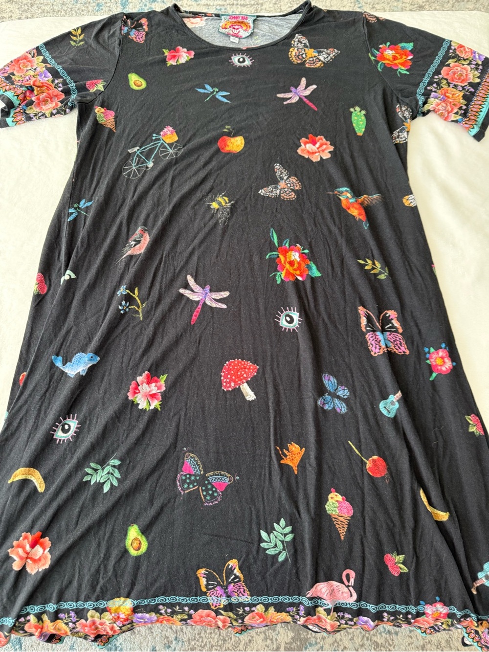 Johnny Was Whimsical Print Short Sleeve Black Dress Size XL E87